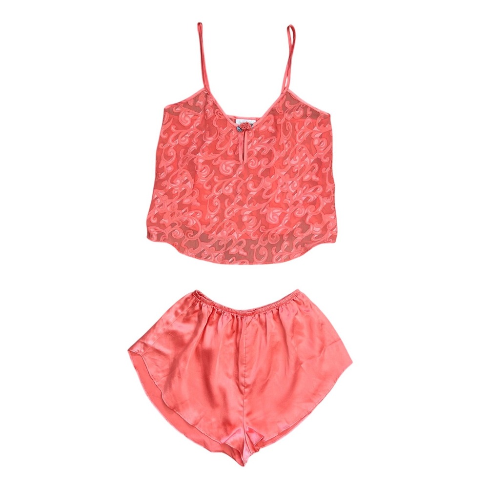 Vintage Coral Pink Sheer Mesh Swirl Camisole and Satin Shorts Set S sexy
